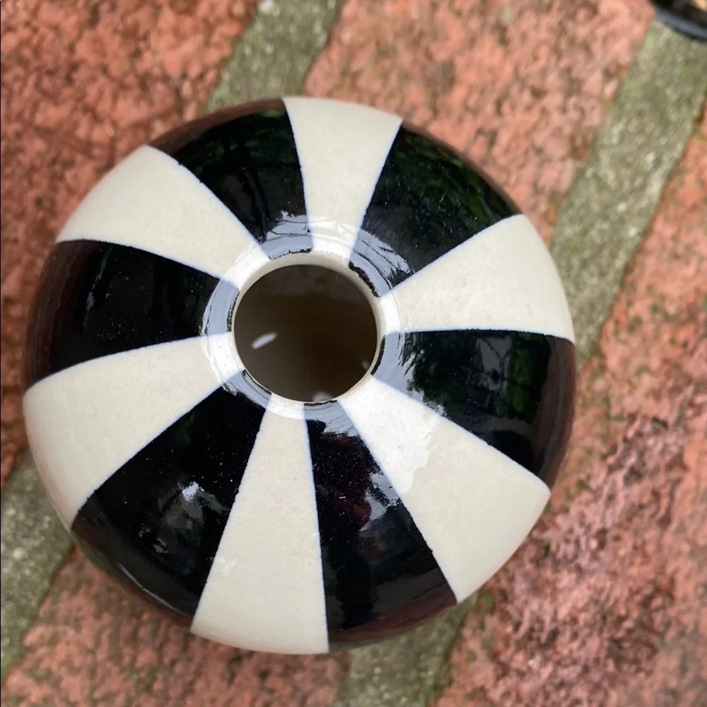 Set of three Jonathan Adler Black and White Striped Vases. Circa 1990s.